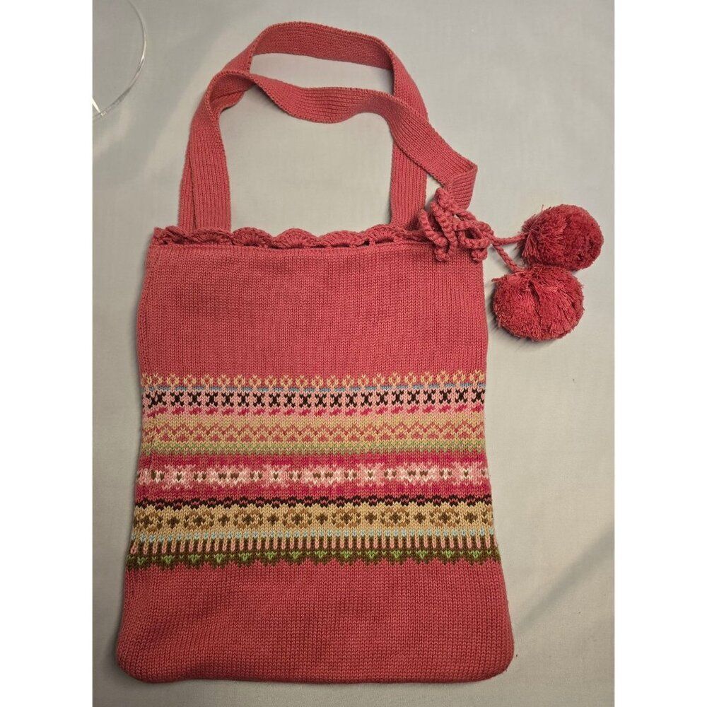 Vintage Gap Kids Pink Knit Tote Bag Pom Poms Striped Pattern boho cottagecore